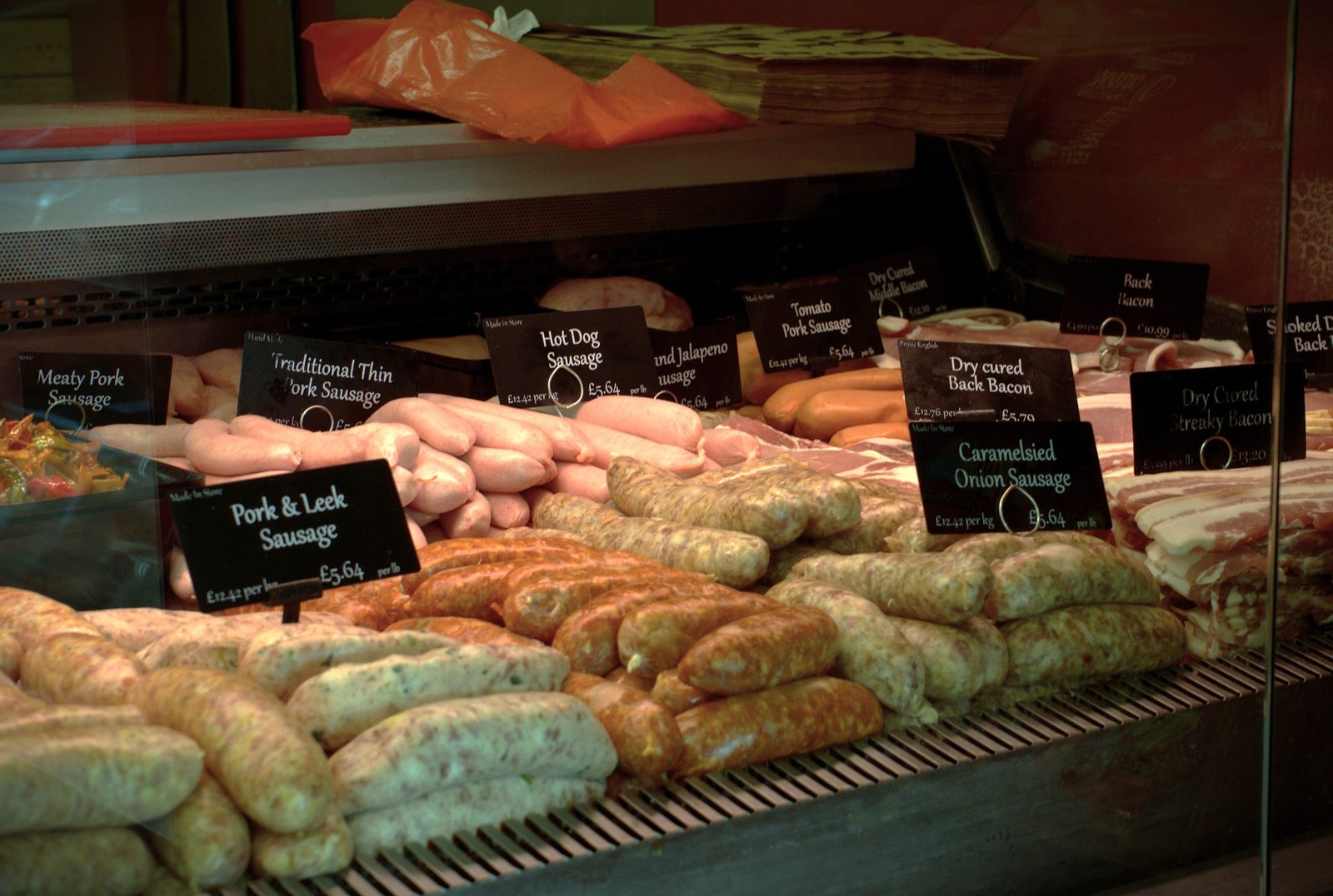 Sausage and bacon counter display